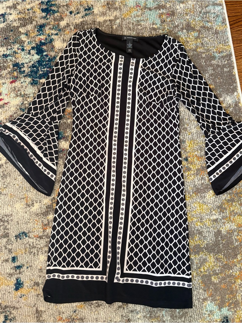 INC Black and White Geometric Bell Sleeve Dress